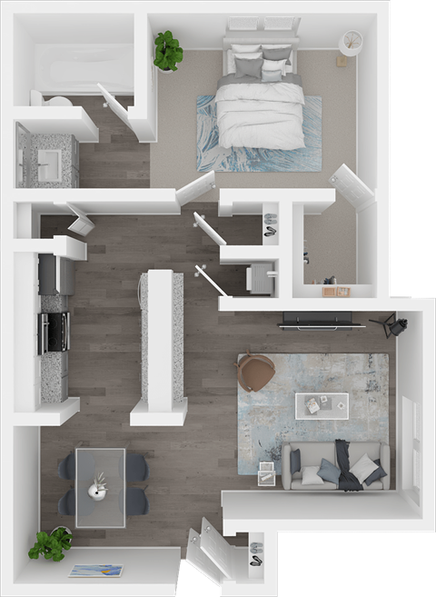 Floor plan for 1 bed, 1 bath, 676 sqft